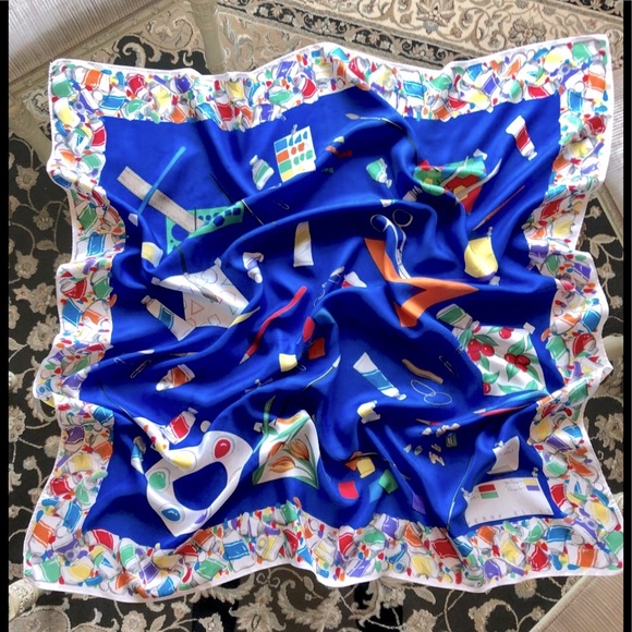 VTG 70’s Perry Ellis silk scarf painter theme print Royal blue & primary colors